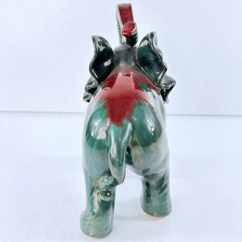 Vtg 1950's Ceramic Art Pottery Elephant Figurine Lucky Trunk Up Green Red Glaze
